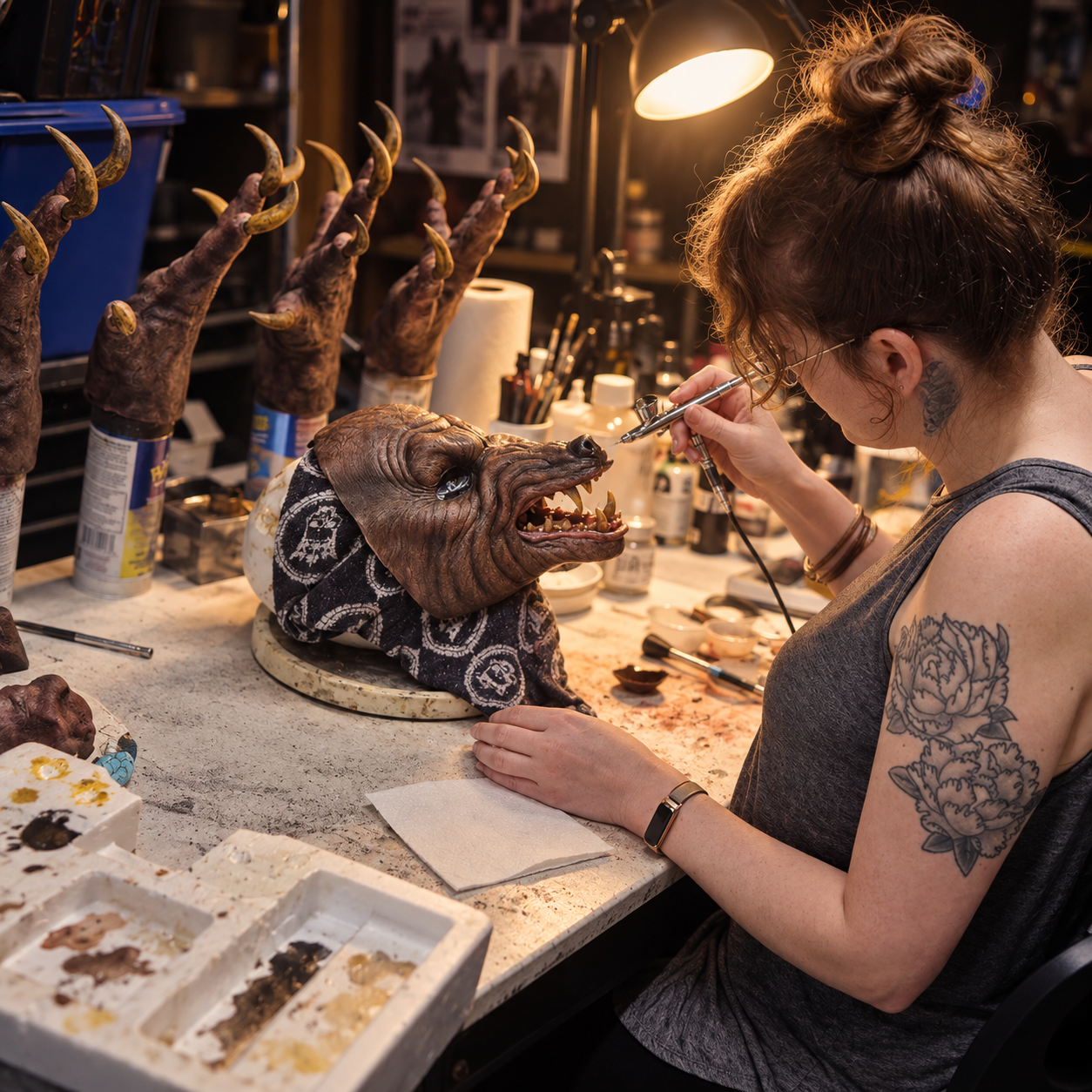 Amber Michael airbrushing a creature mask in her studio