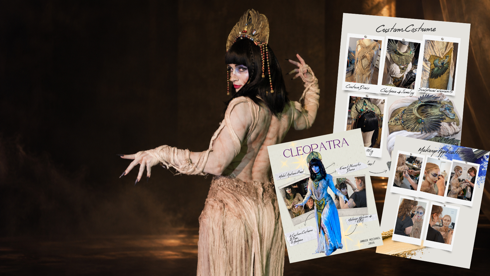 Cleopatra character surrounded by costume and makeup design boards
